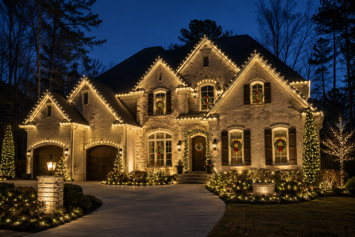 Grand brick estate outlined in warm-white roofline lights with wreaths and wrapped trees