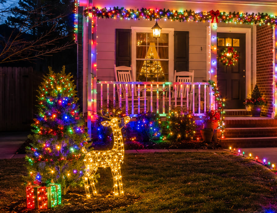 Lit reindeer display, colorful tree and porch garland at dusk