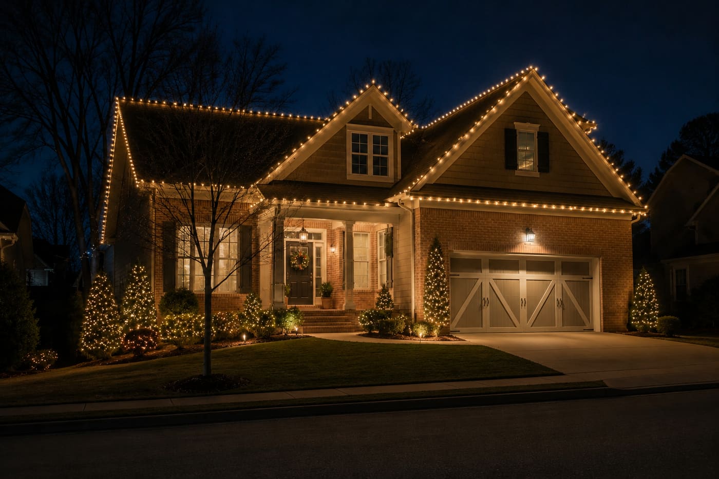 Craftsman-style home with warm-white roofline lights and wrapped trees lining the walkway