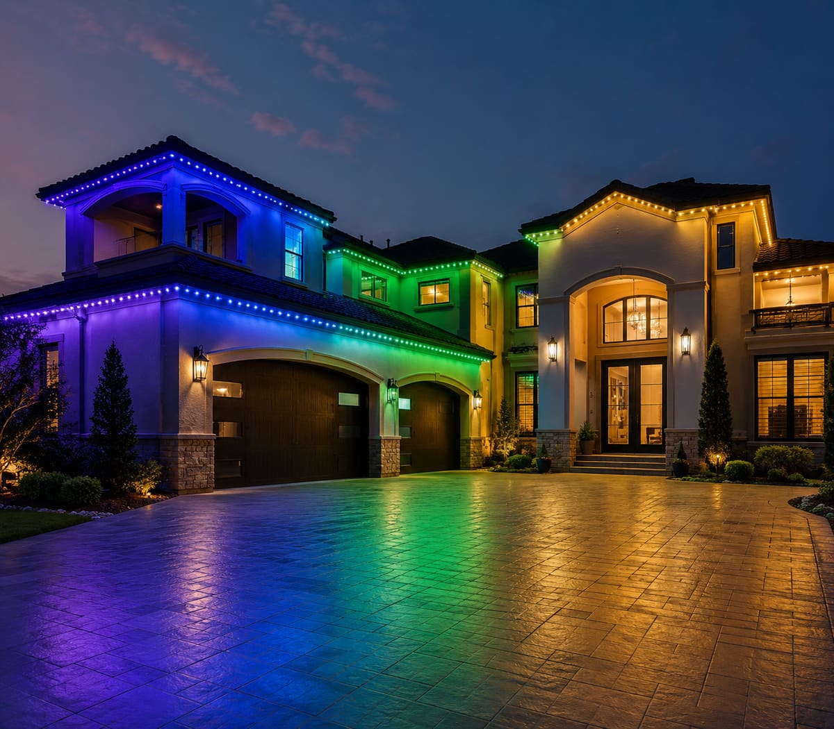 A luxury home with permanent architectural LED lighting glowing in blue, green and gold along the rooflines